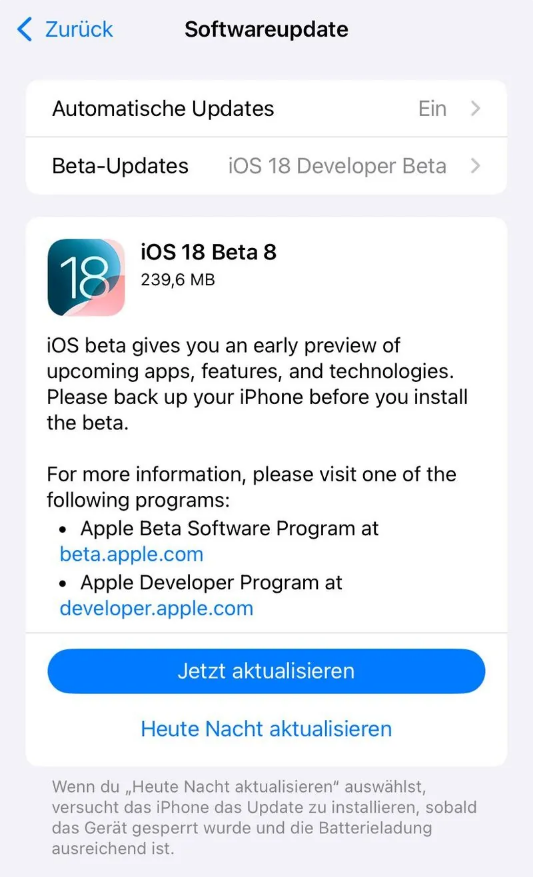 成华苹果手机维修分享苹果 iOS / iPadOS 18 开发者预览版 Beta 8 发布 